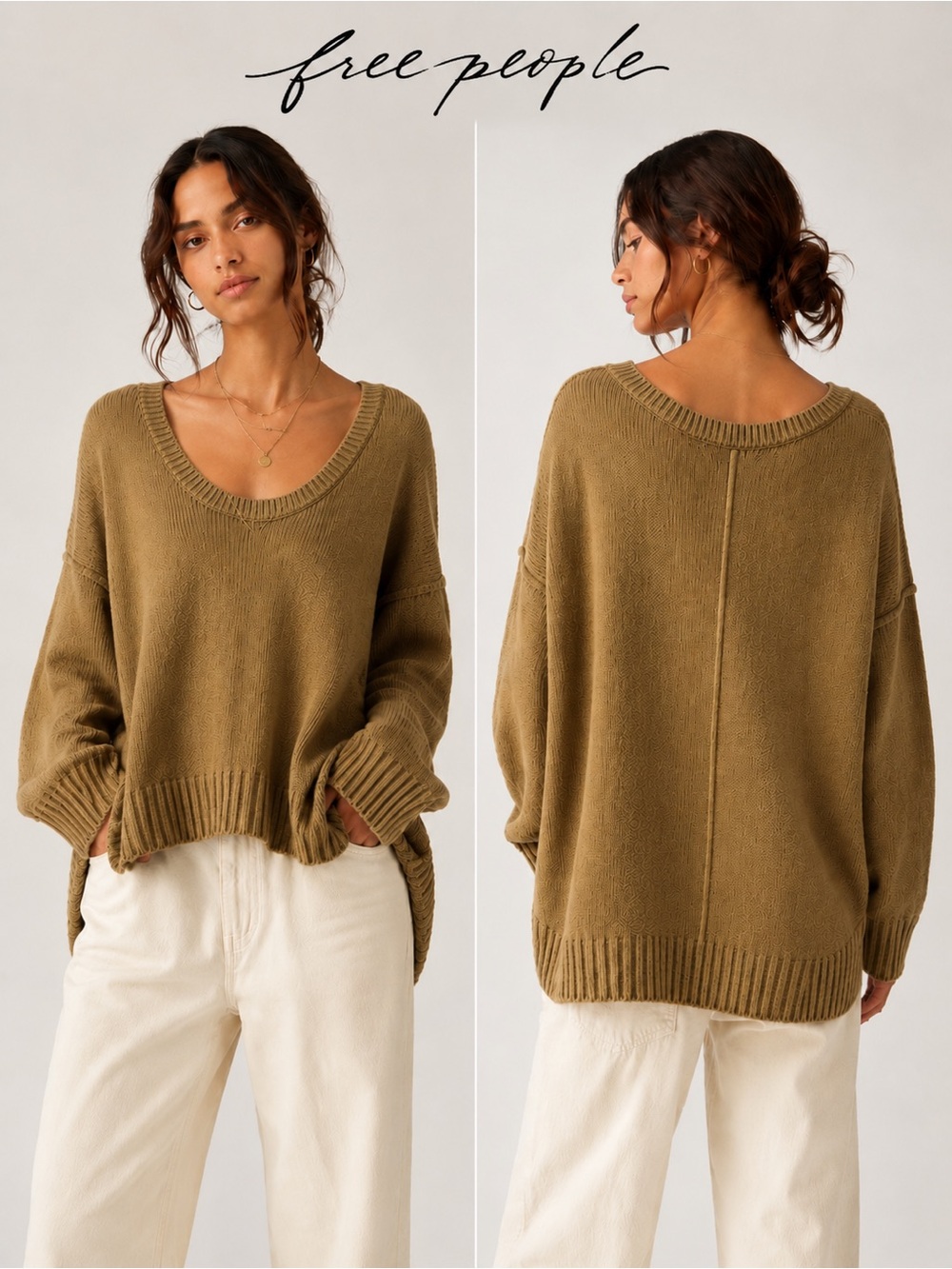 Free People Brookside Tunic Sweater Large Camel Oversized Slouchy V Neck Boho